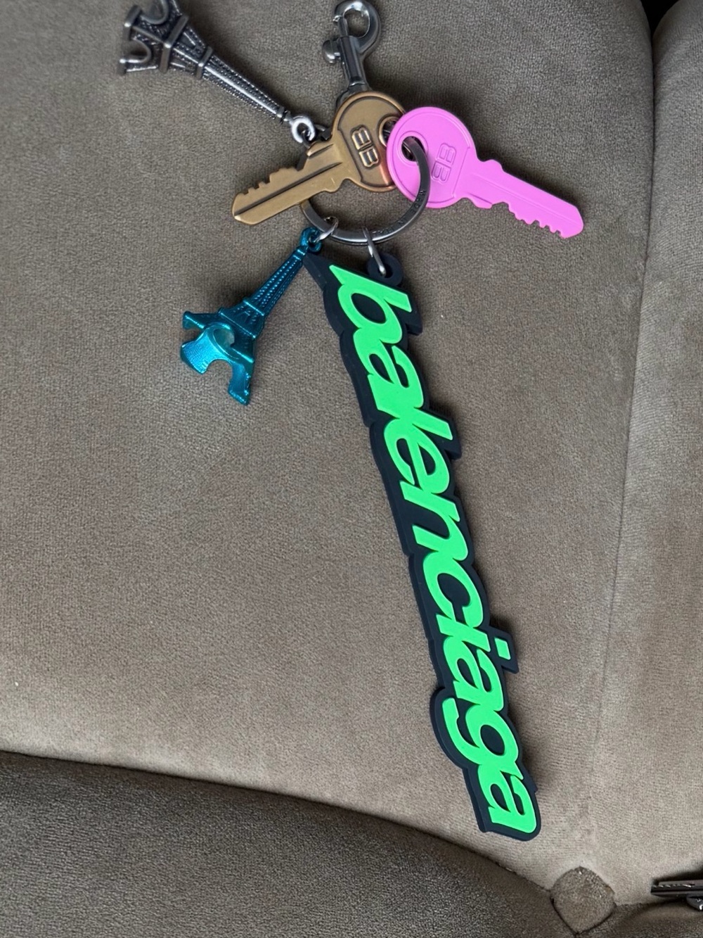 Balenciaga Black and Neon Green Logo Keychain Charm with Pink & Teal Accents